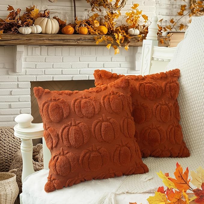 GEEORY Fall Pillow Covers 18 x 18 Inch Set of 2, Fall Decorations Pumpkins Soft Plush Fluffy Faux Fur Wool Decorative Autumn Farmhouse Cushion Case for Sofa Rust GC019-18