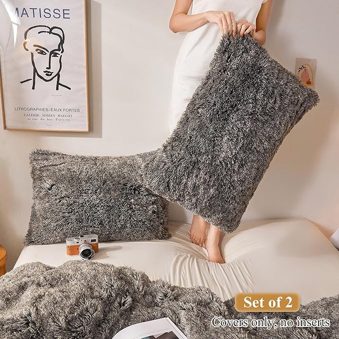 XeGe Faux Fur Throw Pillow Cases, Plush Shaggy Ultra Soft Pillow Covers, Fluffy Crystal Velvet Decorative Pillowcases, Furry Fuzzy Pillow Shams Zipper Closure, Set of 2 (King, Dark Gray Ombre)