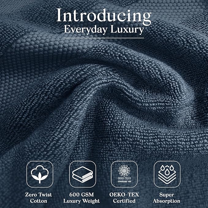 Premium Staple Cotton Bathroom Towel Set - Navy 600 GSM 6-Piece Luxury Bath Towel Set 1 Stripe - 2 Bath Towels, 2 Hand Towels & 2 Washclothes Set - High Absorbent & Quick Dry for Gym, Spa, Hotel