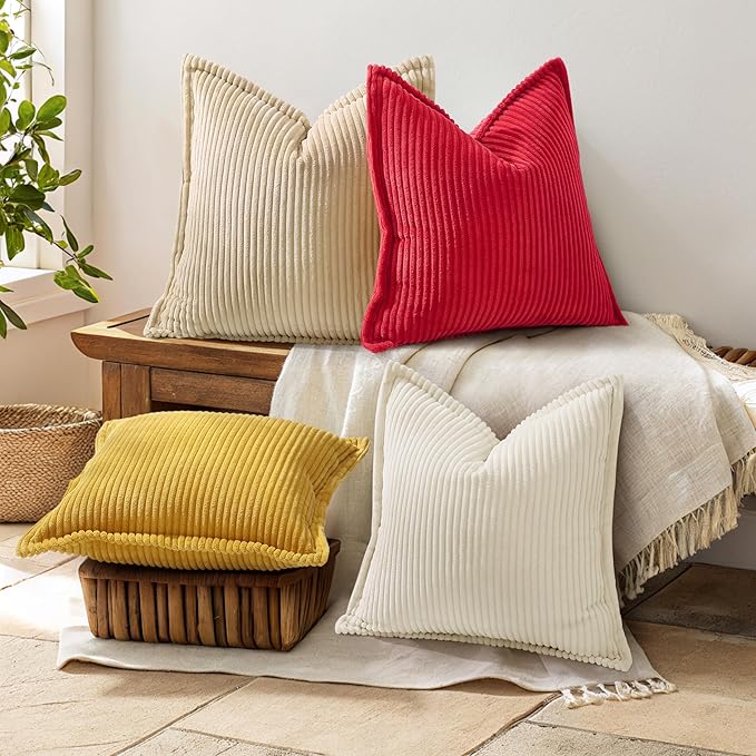 decorUhome Christmas Corduroy Red Throw Pillow Covers 12x20 Set of 2 Decorative Soft Boho Farmhouse Lumbar Euro Couch Pillow Covers for Living Room Bed Sofa Broadside Striped Pillow Cases