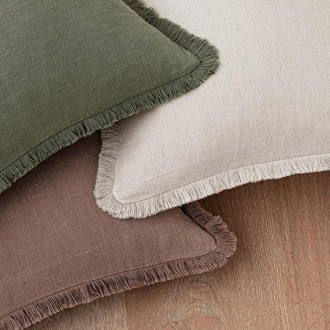 Woaboy Decorative Linen Fringe Throw Pillow Covers Boho Farmhouse Soft Accent Pillows with Tassels Christmas Home Decor for Livingroom Couch Sofa Bed,20x20 Inch Set of 2,Light Olive Green