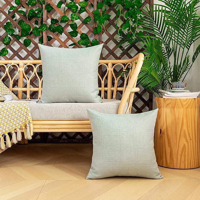 Kevin Textile Pack of 2 Decorative Outdoor Waterproof Pillow Covers Spring Checkered Garden Cushion Sham Throw Pillowcase Shell for Patio Tent Couch 18x18 Inch Mint