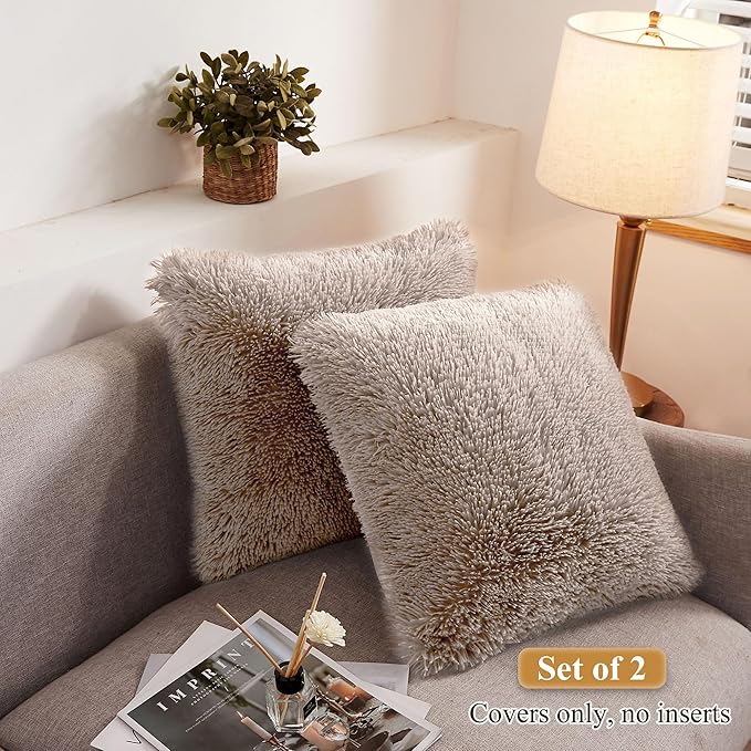 XeGe Soft Faux Fur Throw Pillow Covers, Luxury Fluffy Cushion Covers, Shaggy Plush Furry Pillow Cases, Fuzzy Decorative Pillow Covers Pack of 2 for Sofa Bed Couch Bedroom (18''x18'', Khaki)
