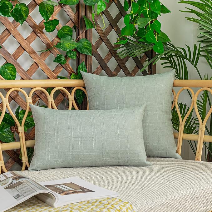 Kevin Textile Pack of 2 Decorative Outdoor Waterproof Pillow Covers Spring Checkered Garden Cushion Sham Throw Pillowcase Shell for Patio Tent Couch 18x18 Inch Mint