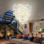 Extra Large Glass Bubble Chandelier 2-Layer 44" High Light Fixtures Mid-Century Swirled Clear Blown Glass Globe Chandeliers Pendant Lights for Stairway Living Room Entryway Foyer