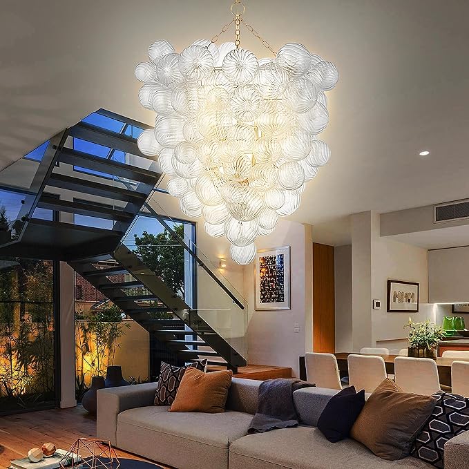 Extra Large Glass Bubble Chandelier 2-Layer 44" High Light Fixtures Mid-Century Swirled Clear Blown Glass Globe Chandeliers Pendant Lights for Stairway Living Room Entryway Foyer