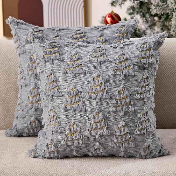 Christmas Pillow Covers 18x18 inch Set of 2 Soft Plush Faux Fur Christmas Decor Grey Xmax Tree Yellow Colored Lights Decoration Throw Pillow Case for Winter Holiday Sofa Living Room PT003I18