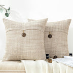 Phantoscope Pack of 2 Farmhouse Throw Pillow Covers Premium Coconut Button Vintage Linen Solid Decorative Pillow Cover for Couch Bed and Chair Beige 22 x 22 inches 55 x 55 cm