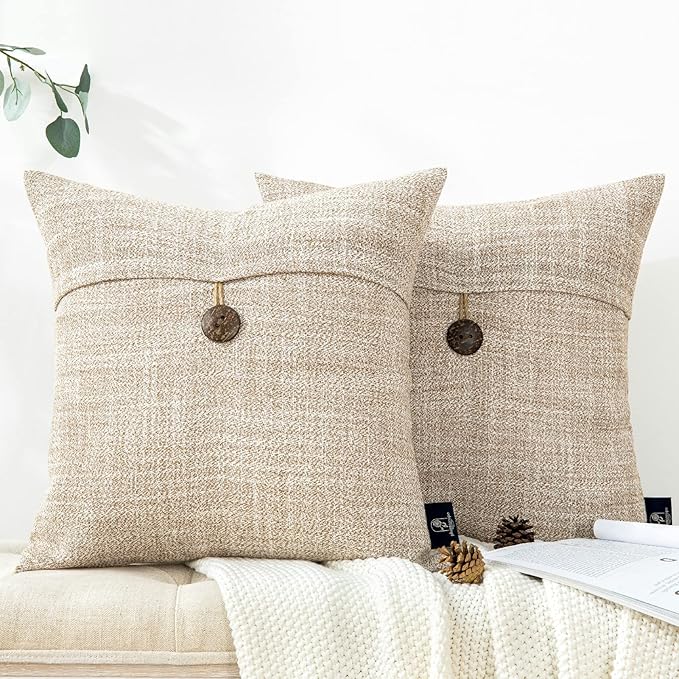 Phantoscope Pack of 2 Farmhouse Throw Pillow Covers Premium Coconut Button Vintage Linen Solid Decorative Pillow Cover for Couch Bed and Chair Beige 22 x 22 inches 55 x 55 cm