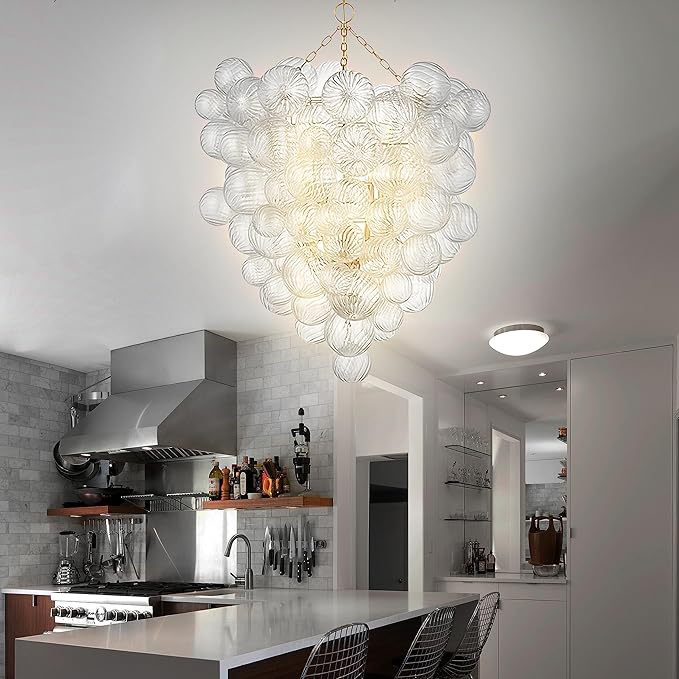 Longree Mid Century Bubble Ball Swirled Glass Chandelier, 36 * 44 in. 2-Tier Frame Gild Gold and Clear Blown Glass Large Cluster Bbble Pendant Light Fixture for Bedroom Restaurant Dining Room