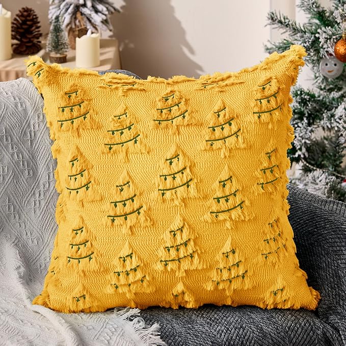 Christmas Pillow Covers 18x18 inch Set of 2 Soft Plush Faux Fur Christmas Decor Yellow Xmax Tree Green Colored Lights Decoration Throw Pillow Case for Winter Holiday Sofa Living Room PT003G18