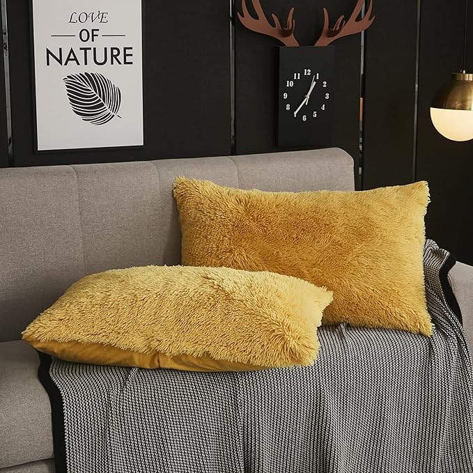 WERDIM Shaggy Fluffy Faux Fur Pillowcases 2 Pack Button Closure Velvet Pillow Shams King Size (Yellow, 20 X 36 Inches)