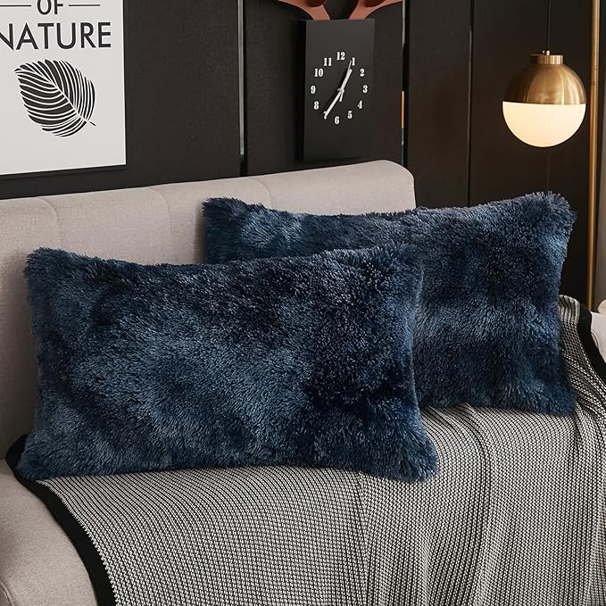 WERDIM Shaggy Faux Fur Pillowcases 2 Pack Button Closure Velvet Pillow Shams King Size (Tie Dye Navy, 20 X 36 Inches)