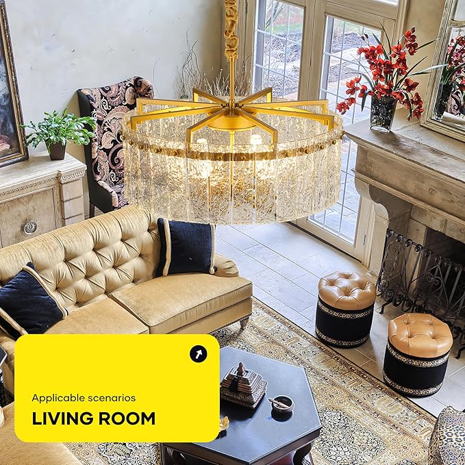 Gold Crystal Chandeliers for Dining Room 6-Light, 22” Modern Water Ripple Glass Light Fixture, Farmhouse Round Lighting for Kitchen Island, Bar Table