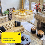 Gold Crystal Chandeliers for Dining Room 6-Light, 22” Modern Water Ripple Glass Light Fixture, Farmhouse Round Lighting for Kitchen Island, Bar Table