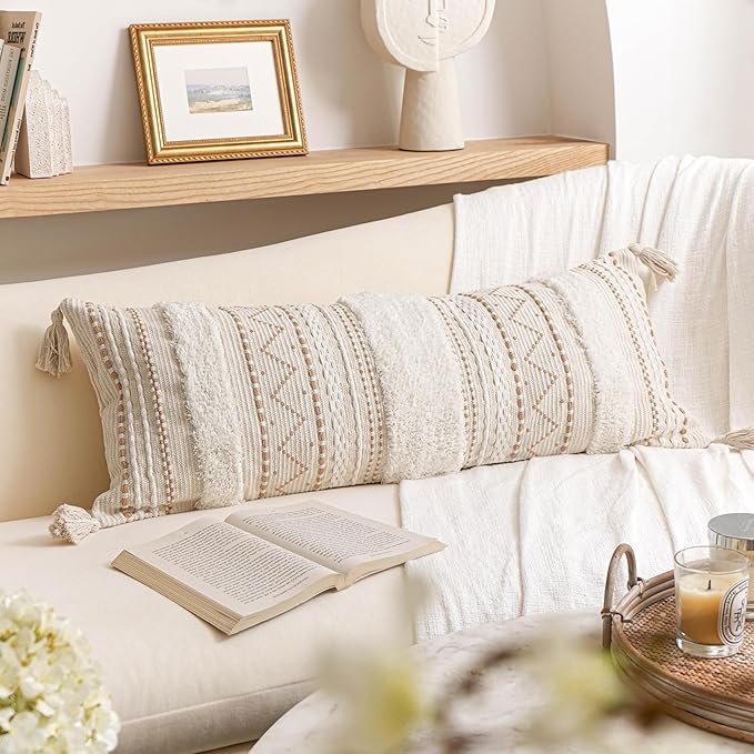 BlissBlush Cream Decorative Lumbar Throw Pillow Cover 14x36 Boho Long Cushion for Bed Neutral Accent Farmhouse Pillowcase for Bedroom Living Room Couch Sofa Home Décor (Cover ONLY, Pack of 1)