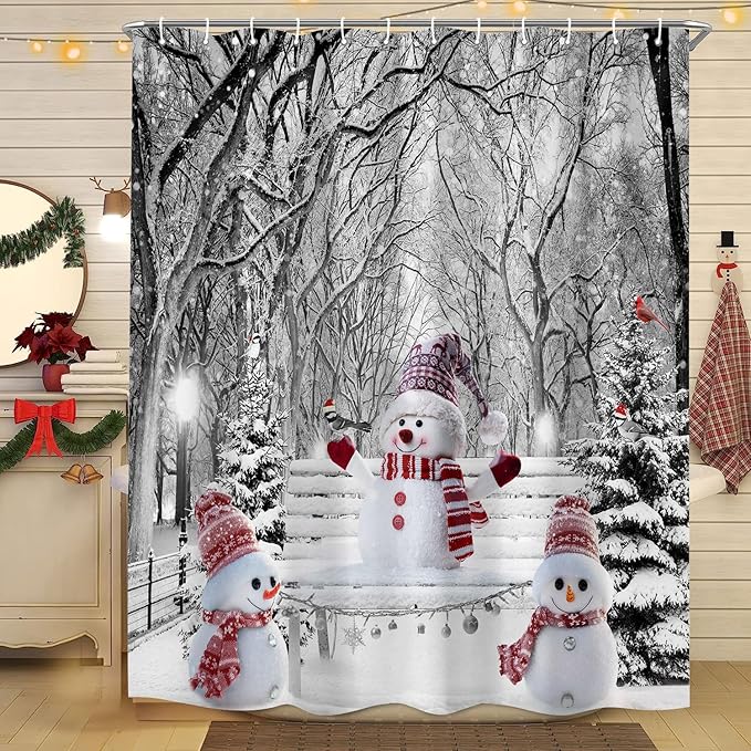 Winter Christmas Shower Curtain Set, Cute Snowman Cardinals Xmas Pine Tree Winter Snow Forest Scene Shower Curtain for Bathroom Decor, Farmhouse Holiday Gray Fabric Bath Accessory with Hooks, 72"x72"
