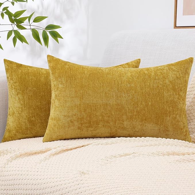 decorUhome Chenille Mineral Yellow Throw Pillow Covers 12x20 Inch Set of 2, Decorative Soft Couch Pillow Covers Solid Dyed Accent Velvet Farmhouse Neutral Rectangle Pillow Cases for Sofa Living Room