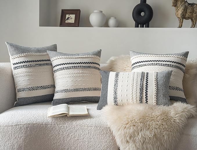 Boho Throw Pillow Covers 18x18 Inch Set of 2, Black Textured Decorative Couch Pillow Cases for Farmhouse Home Decor, Accent Cushion Cover for Sofa, Bed, Living Room, Bedroom