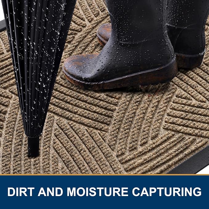 Smiry Front Door Mat Indoor Outdoor Entrance, Heavy Duty Natural Rubber, Sturdy Trap Dirt, Moisture Doormat and Easy Clean Low Profile Patio Porch Entryway Mat, 36x24 Inch, Brown/Geometric