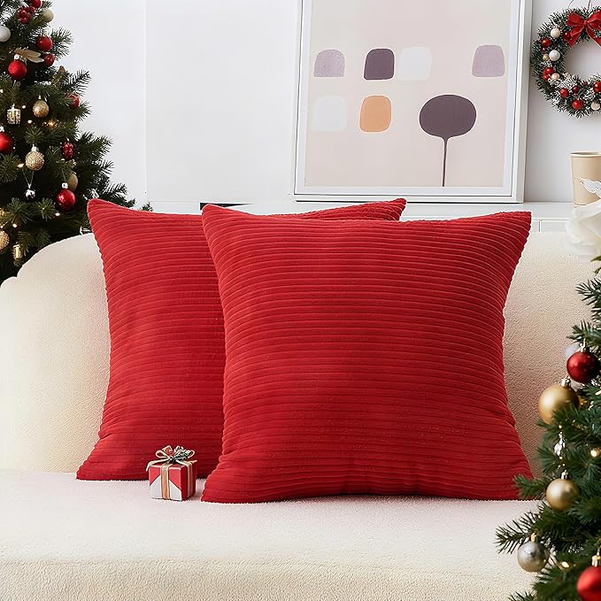 Home Brilliant Red Pillow Covers 18x18 Decorative Corduroy Plush Throw Pillows for Couch Holiday Wedding Christmas, Set of 2, Red