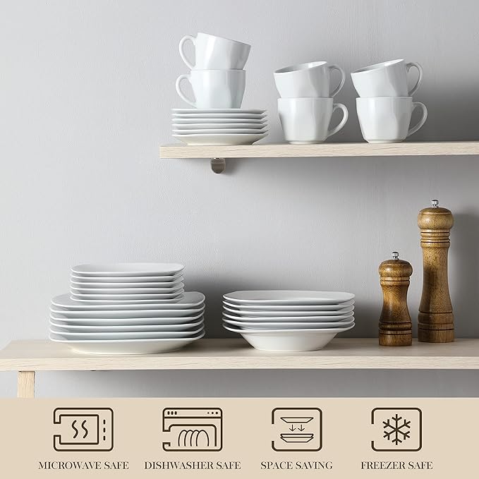 MALACASA Dinnerware Sets, 30-Piece Porcelain Gray White Dinnerware Set Microwave Safe, Square Dish Set with Plates and Bowls Sets, Mugs and Saucers Set for 6, Series Julia
