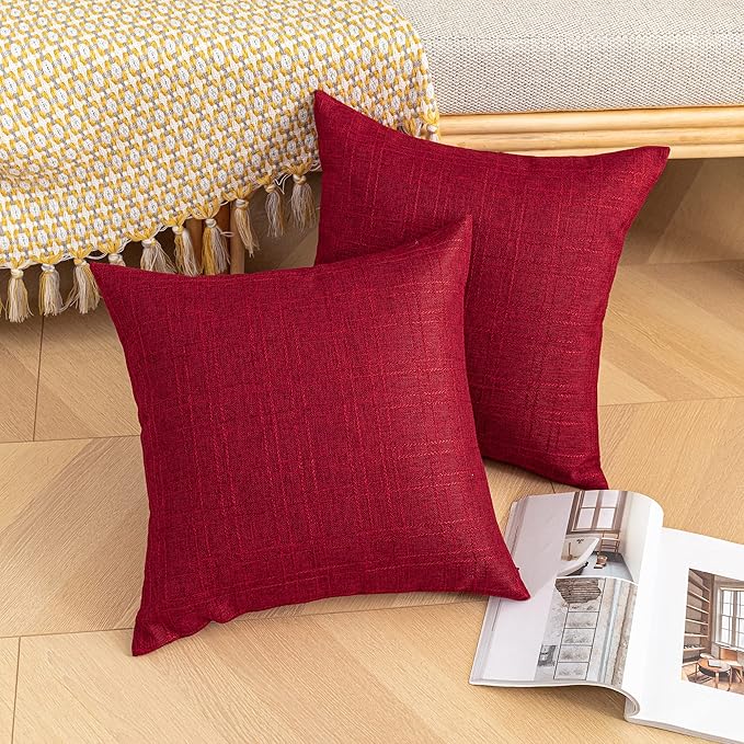 Kevin Textile Pack of 2 Decorative Outdoor Throw Pillow Covers Waterproof Classic Checker Linen Pillowcases Cushion Cases for Sofa Couch Patio Garden 24x24 Inch Red