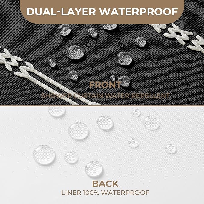 downluxe Linen Texture 3 in 1 Farmhouse Shower Curtain Set with Tassel, Boho Fabric Shower Curtains for Bathroom, Black, 72W x 96L