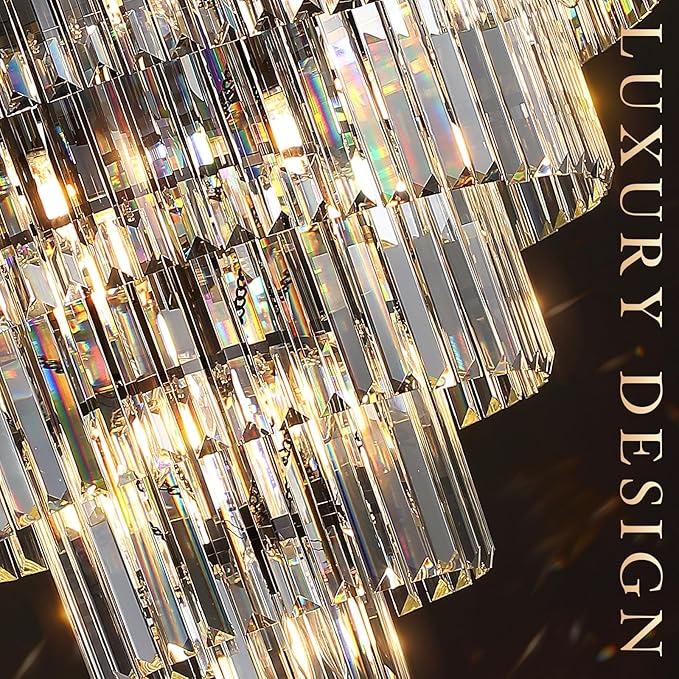 Large Black Crystal Chandeliers 30” Modern Chandelier for High Ceiling Foyer 5 Tiers 16 Lights Contemporary K9 Ceiling Pendant Light Fixture for Staircase Dining Room Bedroom