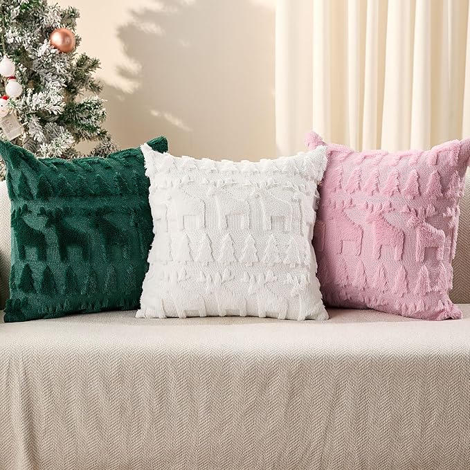 DFXSZ Christmas Pillow Covers 18x18 inch Set of 2 Pink Christmas Tree Elk Decoration Soft Plush Faux Fur Jacquard Throw Pillows for Bedroom Sofa Holiday Festivals Winter Home Decor PTK069D18