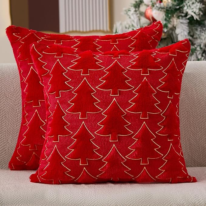 Christmas Pillow Covers 18x18 Set of 2 Red Christmas Tree Decorations Pillow Covers Soft Plush Faux Fur Pillow Cases Decor for Xmas Winter Holiday Home Bedroom Sofa Cushion Cases PT-017B18