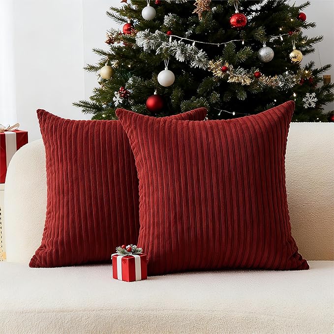 Home Brilliant Red Pillow Covers for Bed Decorative Throw Pillows for Christmas Couch Bed Set of 2 Striped Velvet Indoor Pillow Covers, 55x55cm, 22 x 22 Inch, Burgundy
