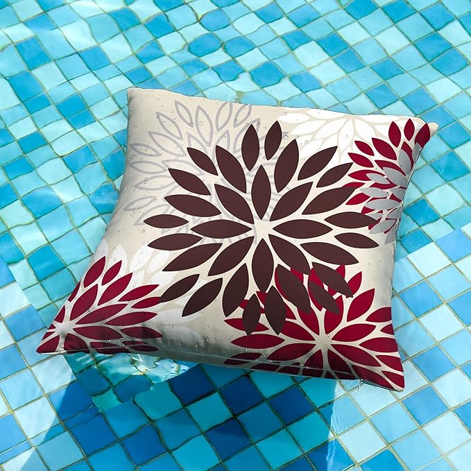 DFXSZ Red Brown Flower Pillow Covers 16x16 Inch Set of 2 White Gray Colored Throw Pillows Outdoor Waterproof Decor for Living Room Sofa Patio Funiture Garden Floral Polyester Pillow Covers 002L16