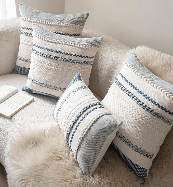 Boho Lumbar Pillow Covers 14x36 Inch Long, Blue Textured Decorative Couch Pillow Cases for Farmhouse Home Decor, Accent Cushion Cover for Sofa, Bed, Living Room, Bedroom, Pack of 1