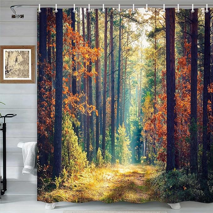 Romantic Fall Shower Curtain, Autumn Forest Thanksgiving Shower Curtains for Bathroom, Rustic Farmhouse Trees Fabric Bath Curtain Set with Hooks 72x72 Inch