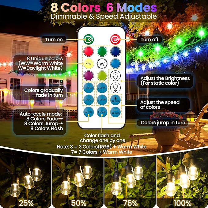 50FT RGB Solar Outdoor String Lights with Remote, Dimmable Waterproof Patio Lights with 15 LED Shatterproof Edison Bulbs for Backyard-Black