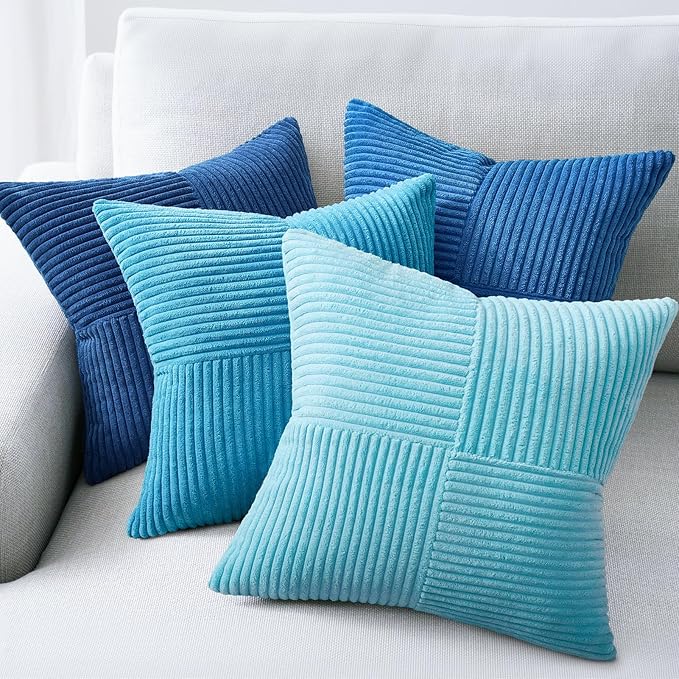 Topfinel LightBlue Decorative Throw Pillow Covers,18x18 Blue Pillow Covers Set of 4 with Striped Corduroy,Boho Soft Accent Navy BlueCushion Covers for Couch,Bed,Living Room Home Decor