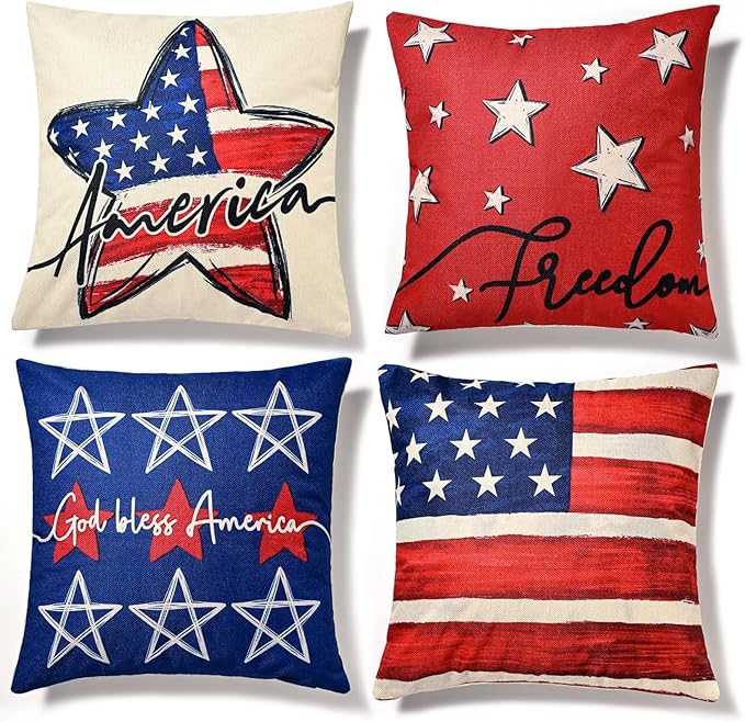 Patriotic Decor-Throw Pillow Covers 18x18 in Set of 4,4th of July Linen Pillow Case for Independence Day,Memorial Day,Veteran's Day,USA,American Summer Outdoor Red White Blue Decorations