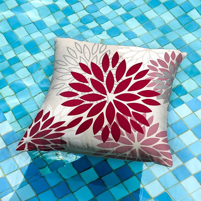 DFXSZ Wine Red Pink Flower Pillow Covers 16x16 Inch Set of 2 Outdoor Throw Pillows Outdoor Waterproof Decor for Living Room Sofa Patio Funiture Garden Floral Polyester Pillow Covers 002R16