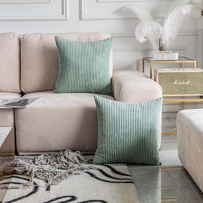 Home Brilliant Spring Pillow Covers 20x20 inch Solid Supersoft Corduroy Stripes Square Throw Pillows for Couch Decor, 50x50cm, 20 x 20 Inch, Iceburg Green