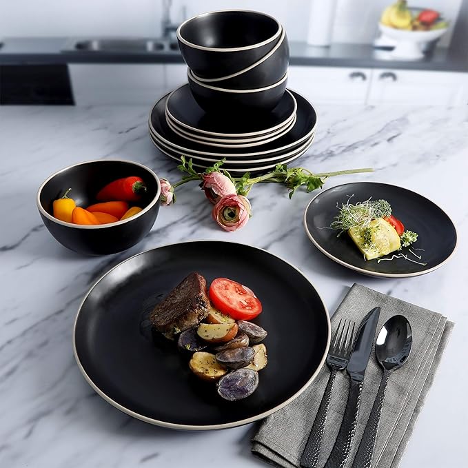 Gibson Home Rockaway Round Stoneware Dinnerware Sets, Service for 4 (12pcs), Black