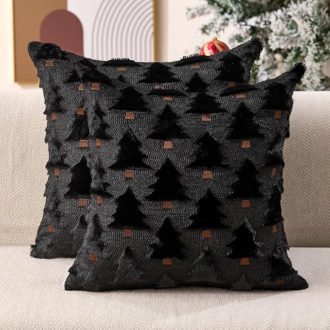 Christmas Pillow Covers 18x18 inch Set of 2 Black Christmas Decorations Soft Plush Faux Fur Wool Xmas Tree Throw Pillow Cases Winter Holiday Decor for Sofa Living Room PT002J18