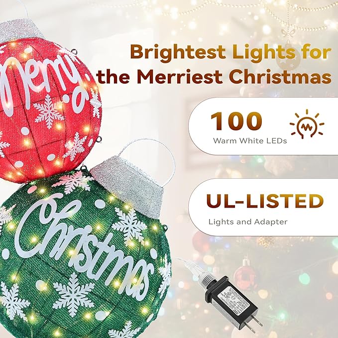 Large Lighted Christmas Ball Ornaments,35Inch 3D Pre-Lit LED Holiday Decor with Base for Outdoor Yard, Garden,Patio-Festive Glow (Red/Green)