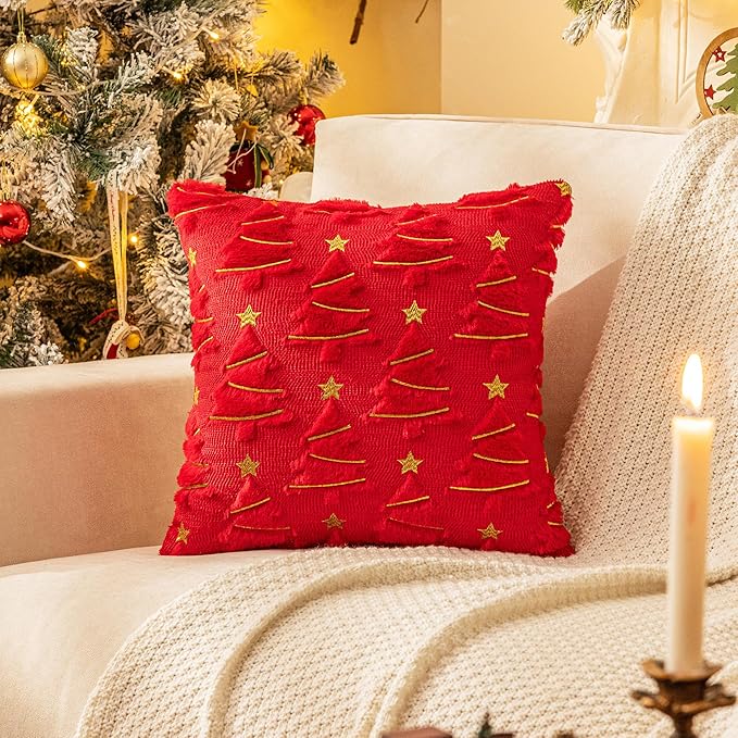AQOTHES Christmas Tree Decorative Red Throw Pillow Covers 20x20 Set of 2, Faux Fur Farmhouse Throw Pillows Cushion Cases for Xmas Winter Holiday Home Decor