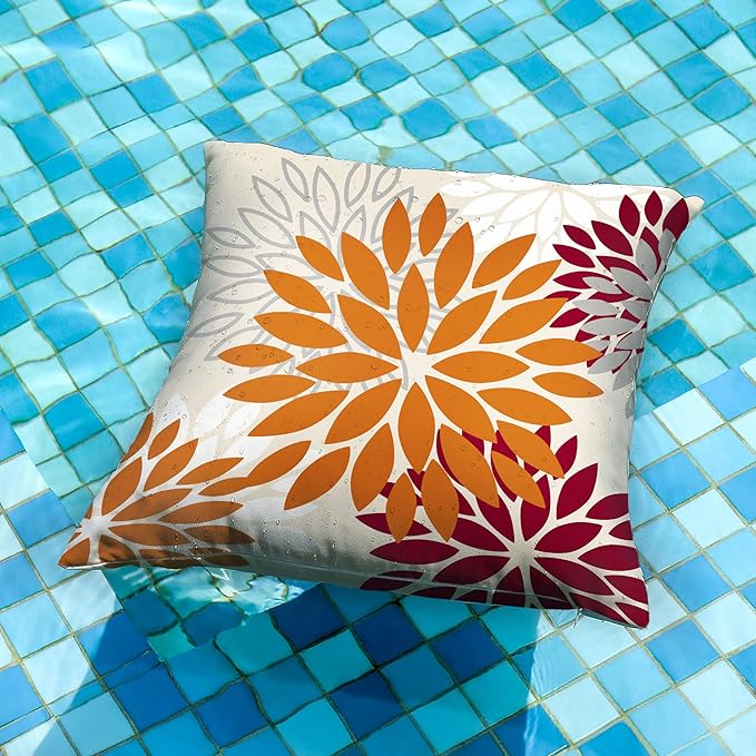 DFXSZ Orange Wine Red Flower Pillow Covers 16x16 Inch Set of 2 Outdoor Throw Pillows Outdoor Waterproof Decor for Living Room Sofa Patio Funiture Garden Floral Polyester Pillow Covers 002S16