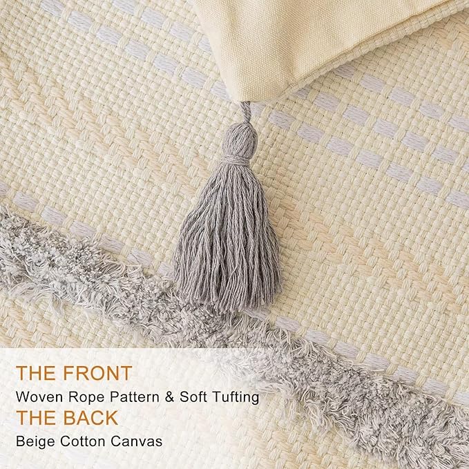 Boho Throw Pillow Covers 12x20 Set of 2 Woven Tufted Farmhouse Pillows Cover with Tassels Textured Striped Cushion Case Lumbar Pillow Cases Decorative Pillowcase for Sofa, Couch, Bed, Light Grey
