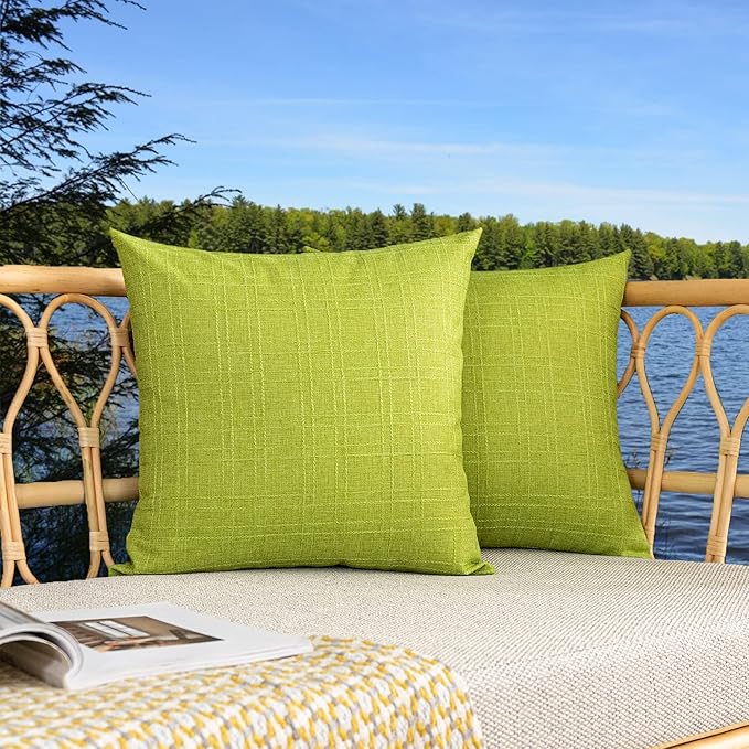Kevin Textile Pack of 2 Decorative Outdoor Waterproof Checkered Pillow Covers Spring Square Garden Cushion Sham Throw Pillowcase Shell for Patio Tent Couch 24x24 Inch Green