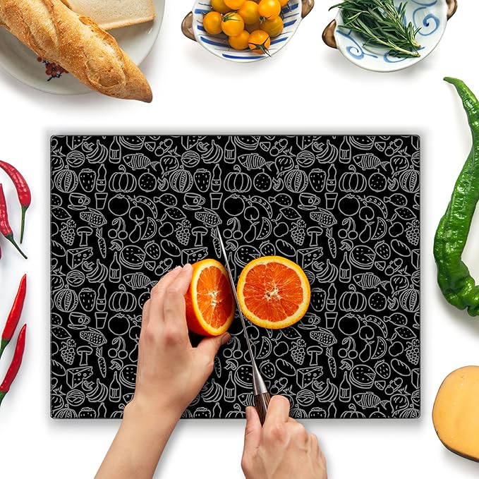 Glass Cutting Board 16"x12": Tempered Glass Kitchen Counter Protector - Durable- Scratch-Resistant, Heat-Proof - Design 4 - Black Design