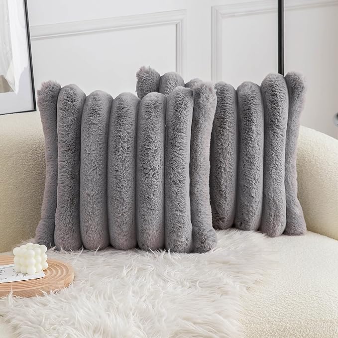 Neelvin Grey Faux Fur Cozy Soft Striped Decorative Throw Pillow Covers 18x18 inch Set of 2,Velvet Pillowcase Cushion Case for Sofa Couch