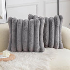 Neelvin Grey Faux Fur Cozy Soft Striped Decorative Throw Pillow Covers 26x26 inch Set of 2,Velvet Pillowcase Cushion Case for Sofa Couch